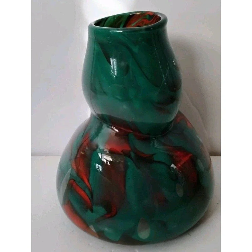 Vintage Hand Blown Swirl Art Glass Vase Emerald Green Crimson Signed Val 00